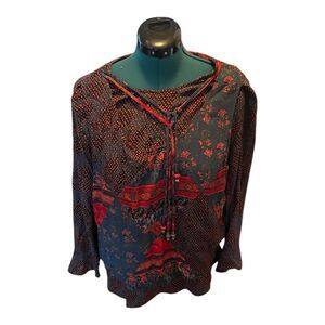Vintage Carole Little Boho Patchwork Floral Design Long Sleeve Pendant Top 8